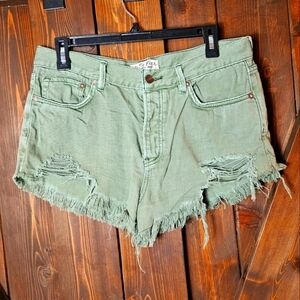 We The Free Shortie Shorts Distressed Olive Green Button Fly Size 29 Free People
